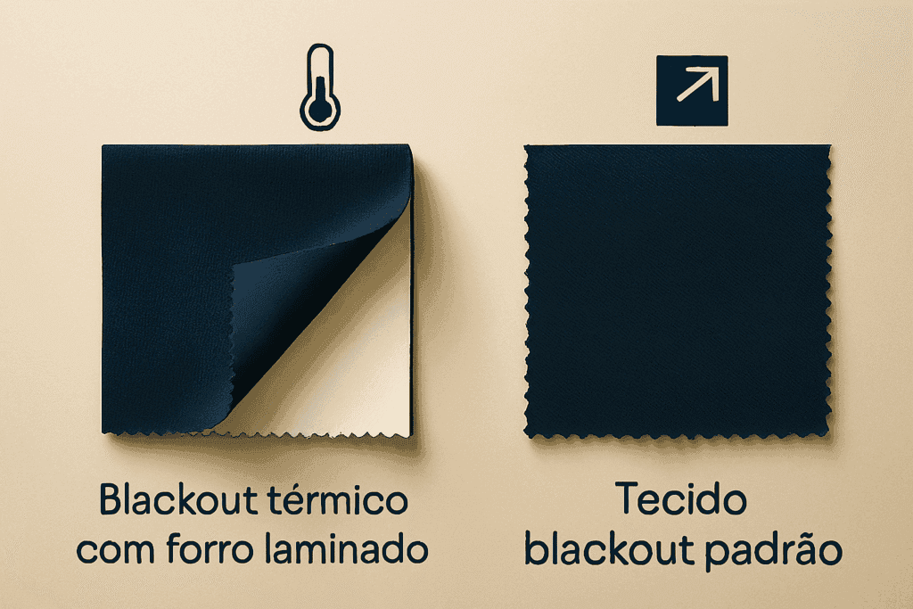Cortina blackout térmica vs simples — comparação de forro térmico e bloqueio de luz