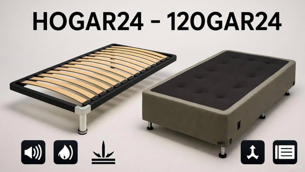 Imagem actual: HOGAR24 Somier de Láminas vs Base Tapizada — comparação para suporte e ventilação