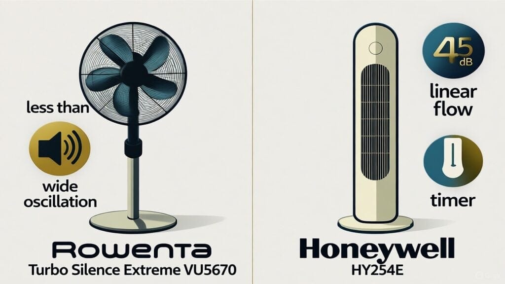 Imagem actual: Rowenta VU5670 vs Honeywell HY254E — comparação de ventilador pedestal vs torre para dormir