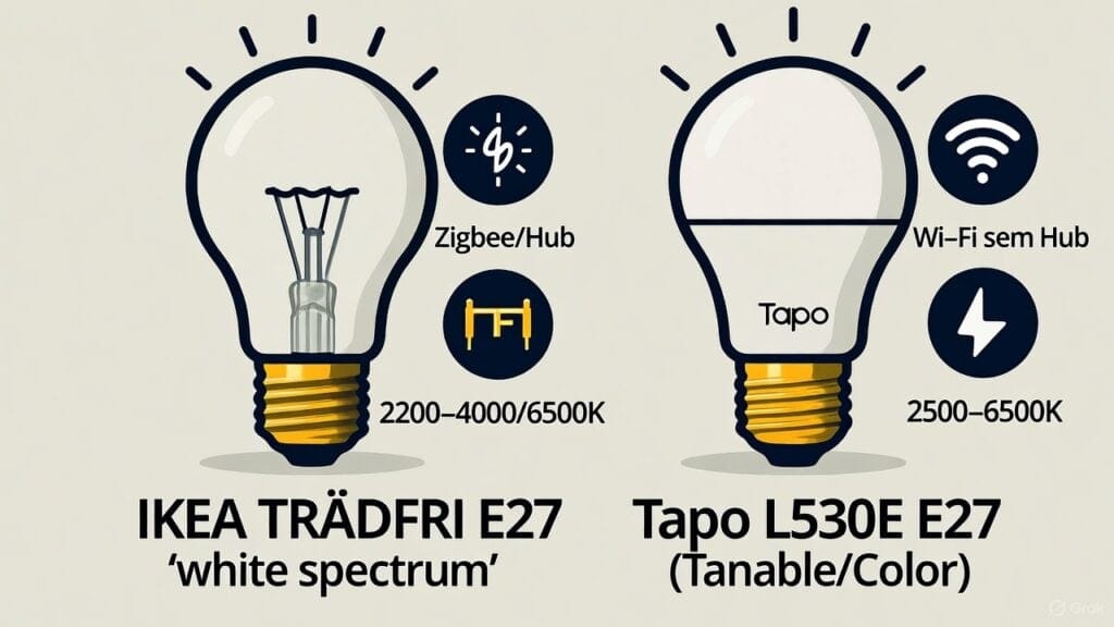 Imagem actual: IKEA TRÅDFRI White Spectrum vs Tapo L530E — lâmpadas E27 tunable para cabeceira