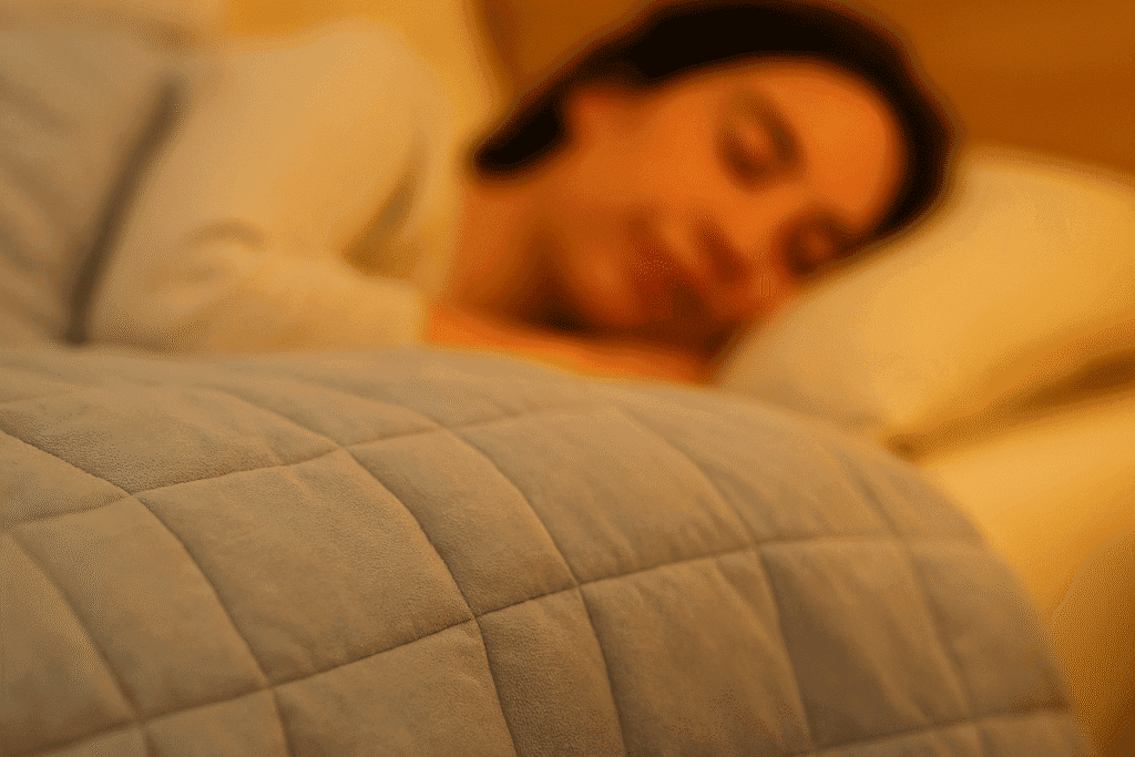 Imagem actual: Manta ponderada premium sobre uma cama num quarto moderno, comparação entre a Gravity Blanket e a Cura of Sweden