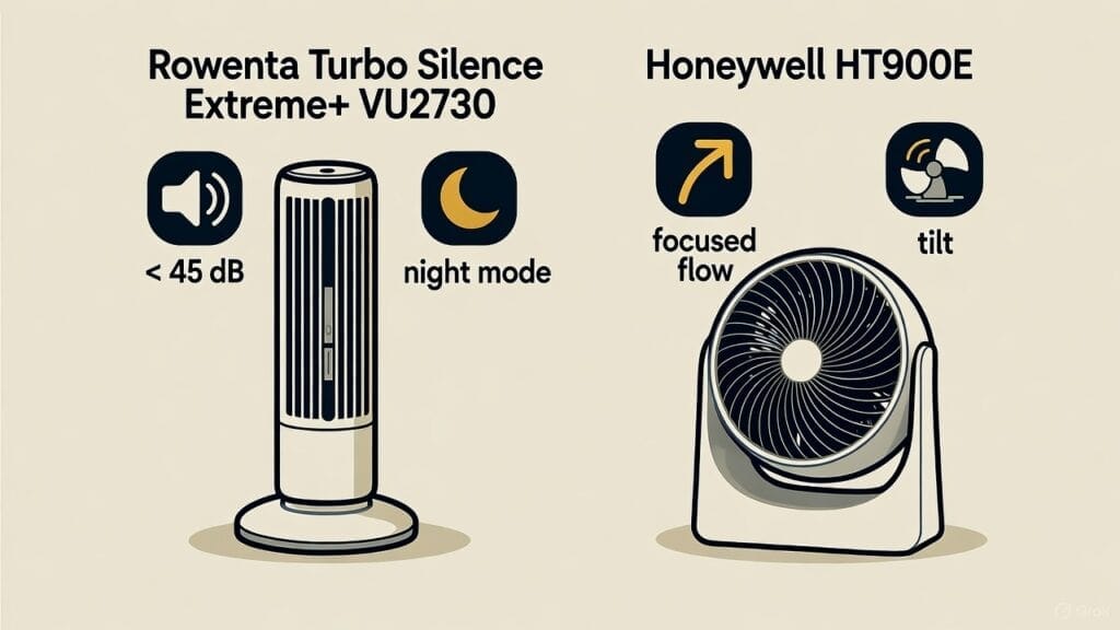 Imagem actual: Rowenta VU2730 vs Honeywell HT900E — ventiladores silenciosos para dormir