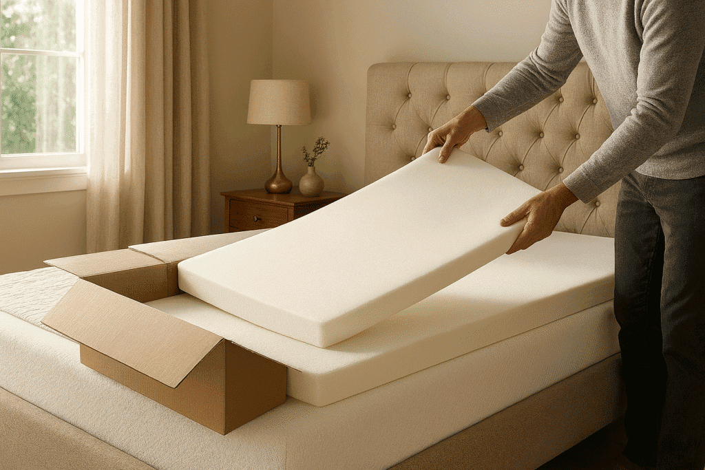 Imagem actual: Comparação entre o topper Emma e o topper Bedsure viscoelástico com gel, mostrando as diferentes espumas e texturas
