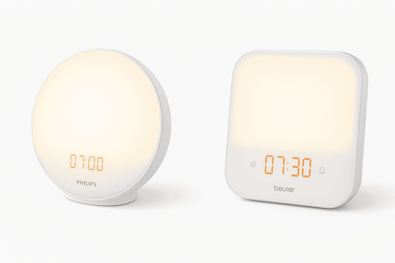 Imagem actual: Comparação entre a wake-up light Philips SmartSleep e a Beurer numa mesa de cabeceira com luz de amanhecer simulada