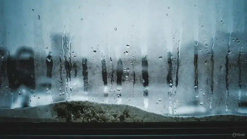 Imagem actual: humidade no quarto com janelas embaciadas e condensacao de manha