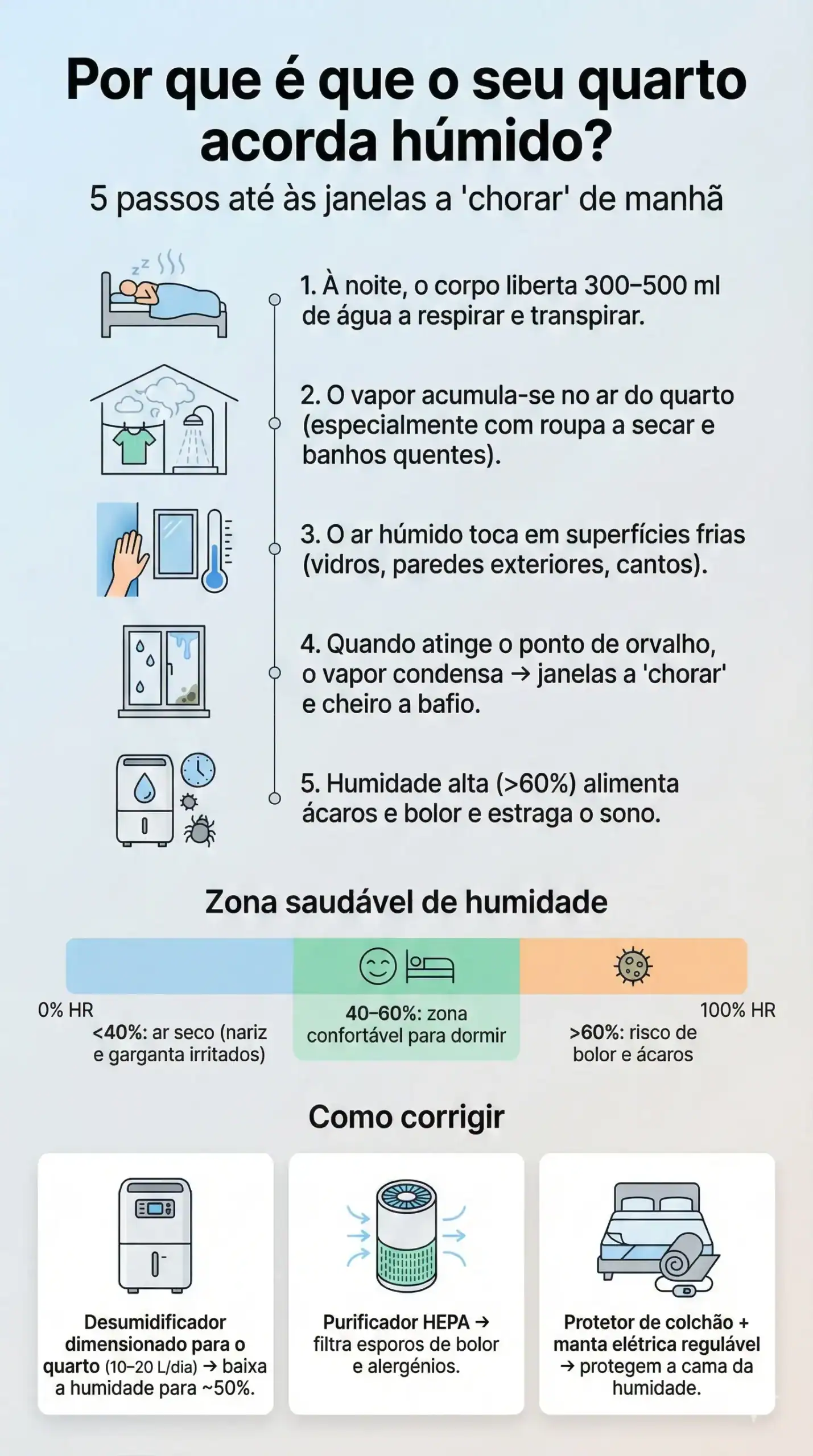 Infográfico a explicar em 5 passos como a humidade se forma no quarto, a zona saudável de humidade e como um desumidificador, purificador HEPA e protetor de colchão ajudam